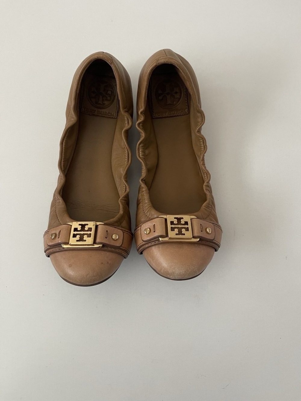 Tory Burch Brown Leather Ballet Flats Logo Buckle Cap Toe Comfort Shoes Women 8M